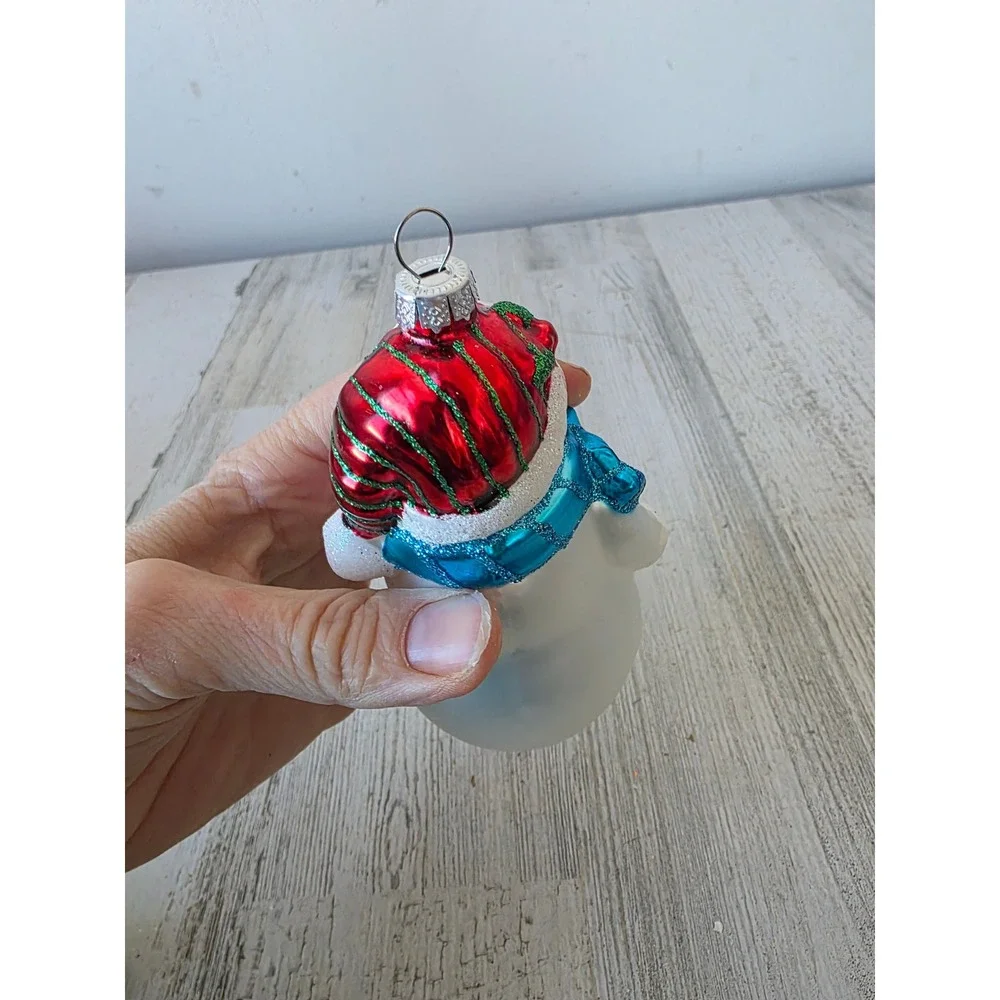Vintage glass snowman family glitter‎ ornament Xmas tree blue red white